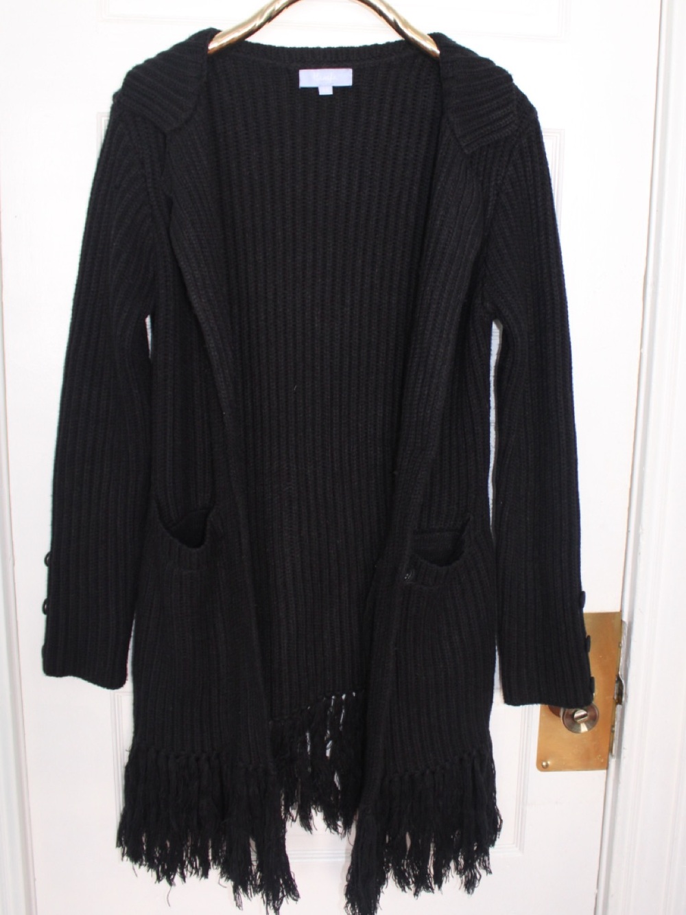Hanifa Black Ribbed Open-Front Fringe Cardigan